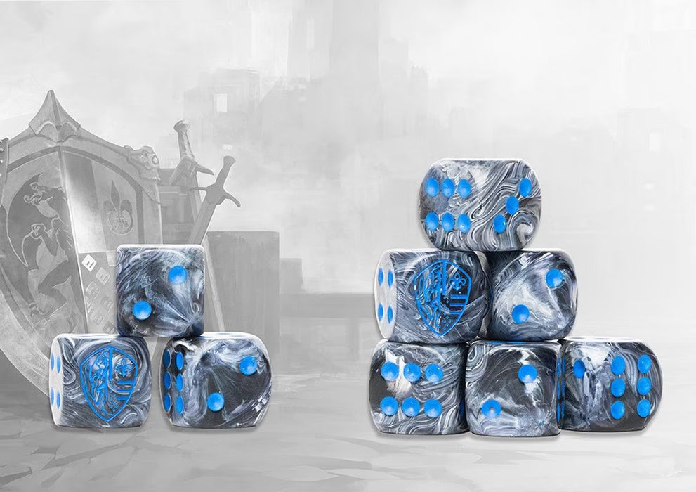 Conquest - Hundred Kingdoms Logo on Steel Grey Marbled Dice
